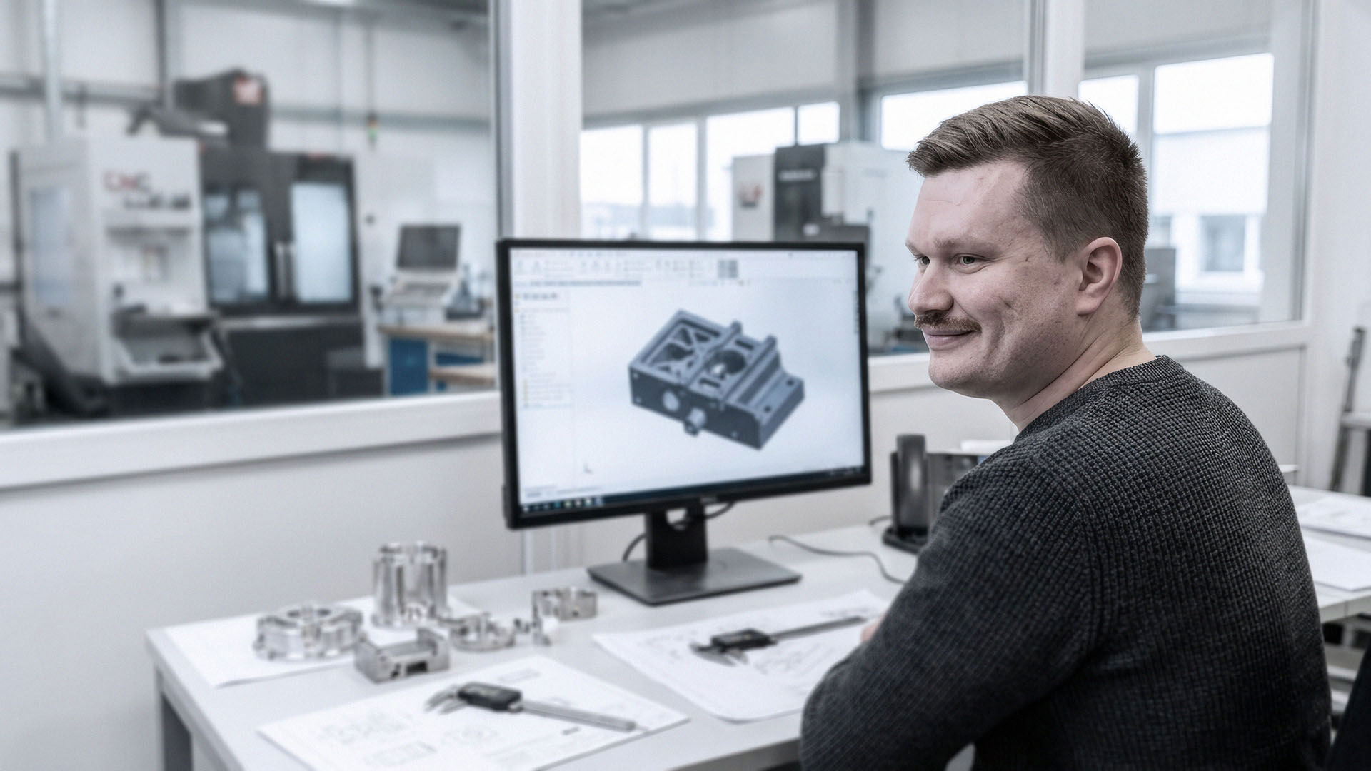 Engineer van ILITAS aan werkplek met CAD-model en technische onderdelen