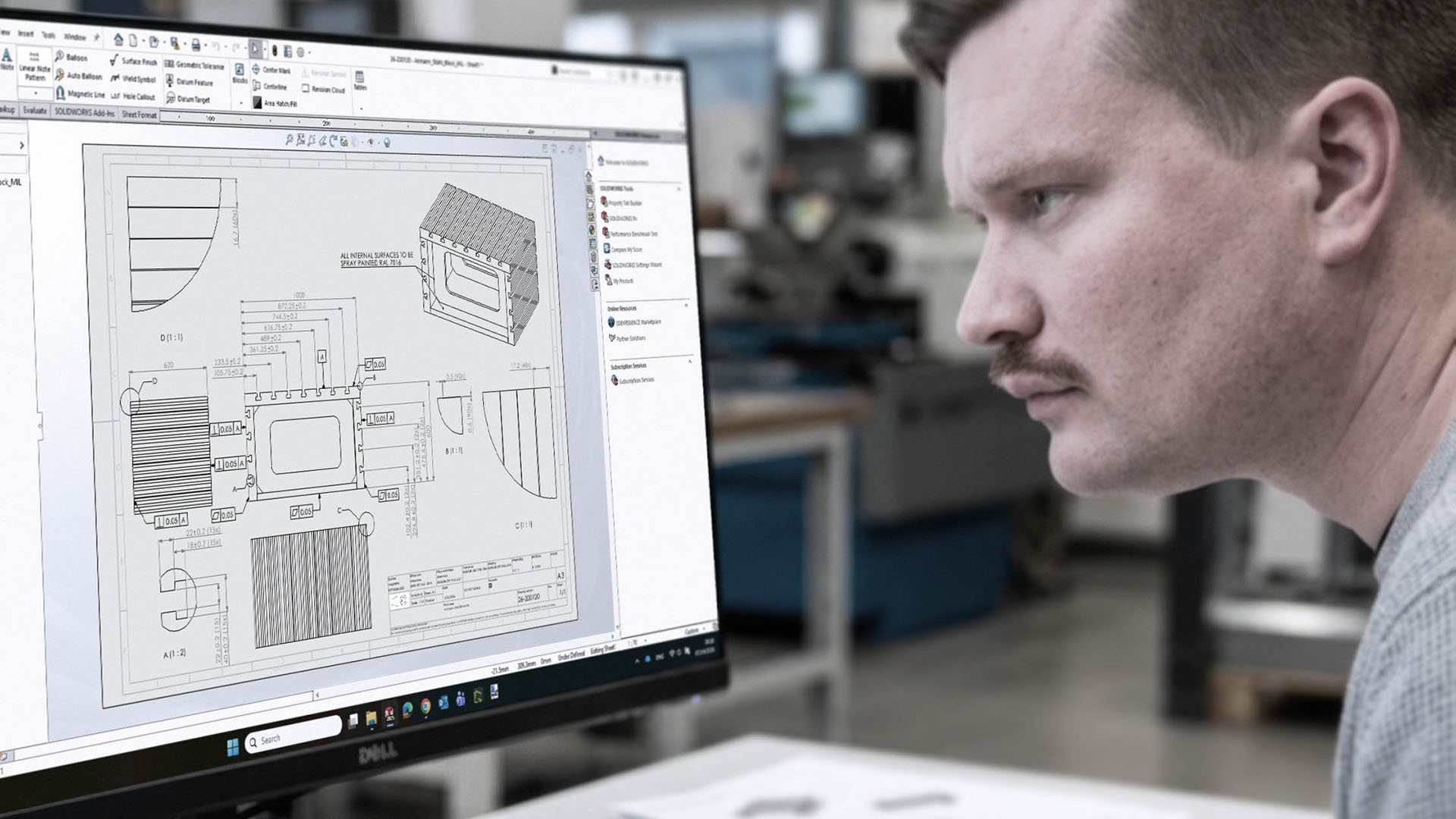Engineer van ILITAS bekijkt technische tekening op scherm in moderne werkomgeving