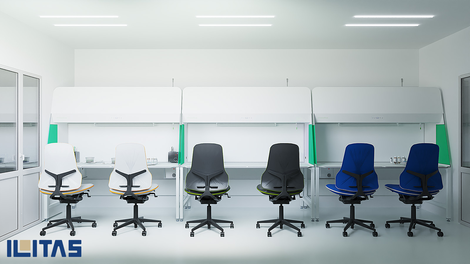 Serie ergonomische cleanroomstoelen in steriele ruimte