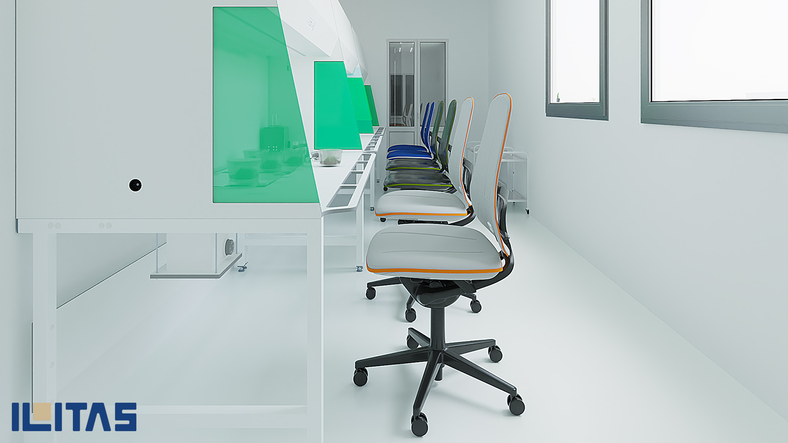 Meerdere cleanroom werkstations met ergonomische stoelen