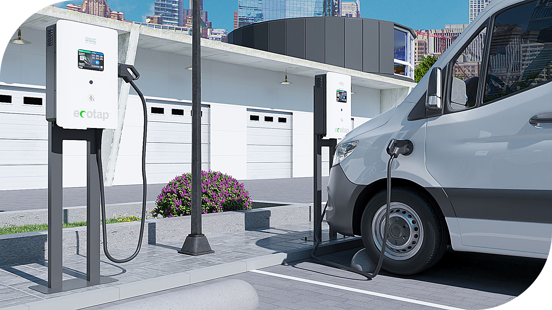 3D render van Ecotap DC30 Nuvia snellaadpaal met elektrische bestelwagen in stedelijke omgeving