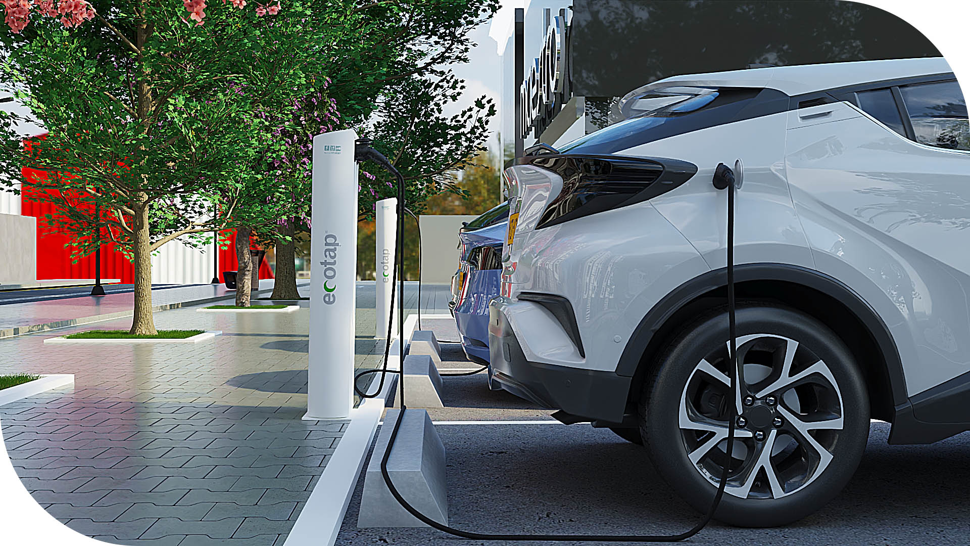 3D visualisatie van Ecotap DuoWide Gen3 laadpaal met elektrische auto’s in stedelijke omgeving