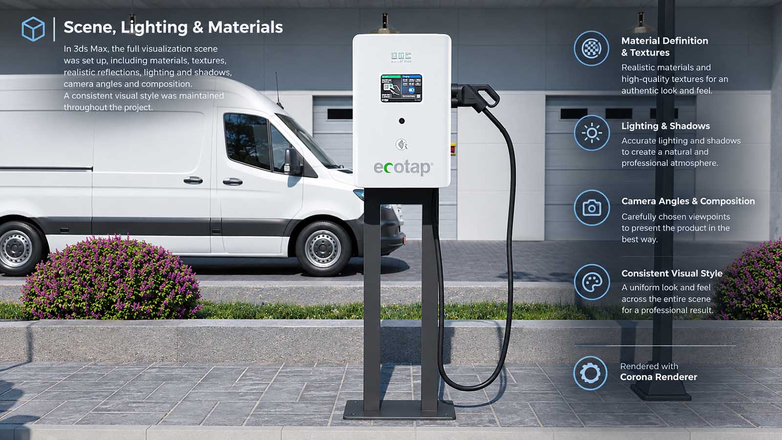 Opzet van scene, verlichting en materialen voor de 3D-render van de Ecotap DC30 Nuvia