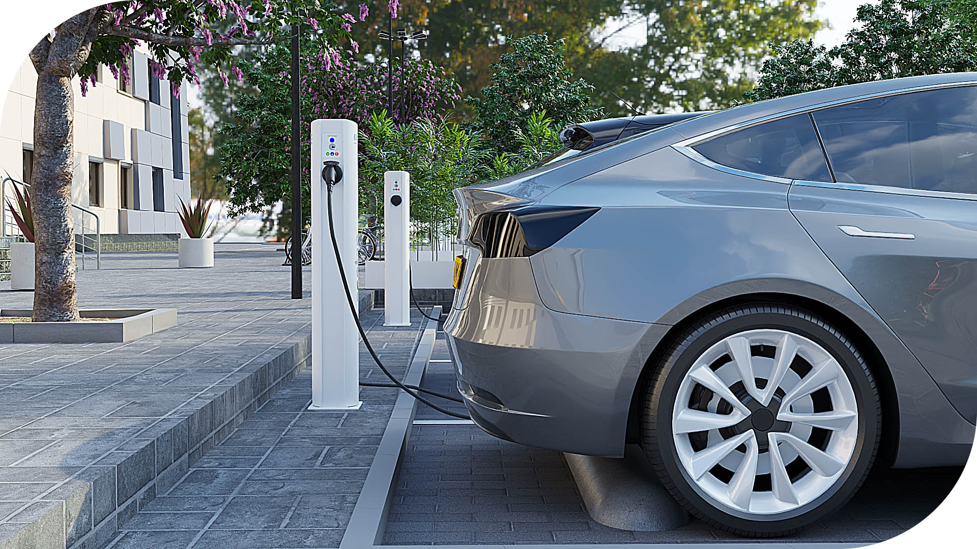 3D visualisatie van Ecotap Duo laadpaal met elektrische auto in stedelijke omgeving