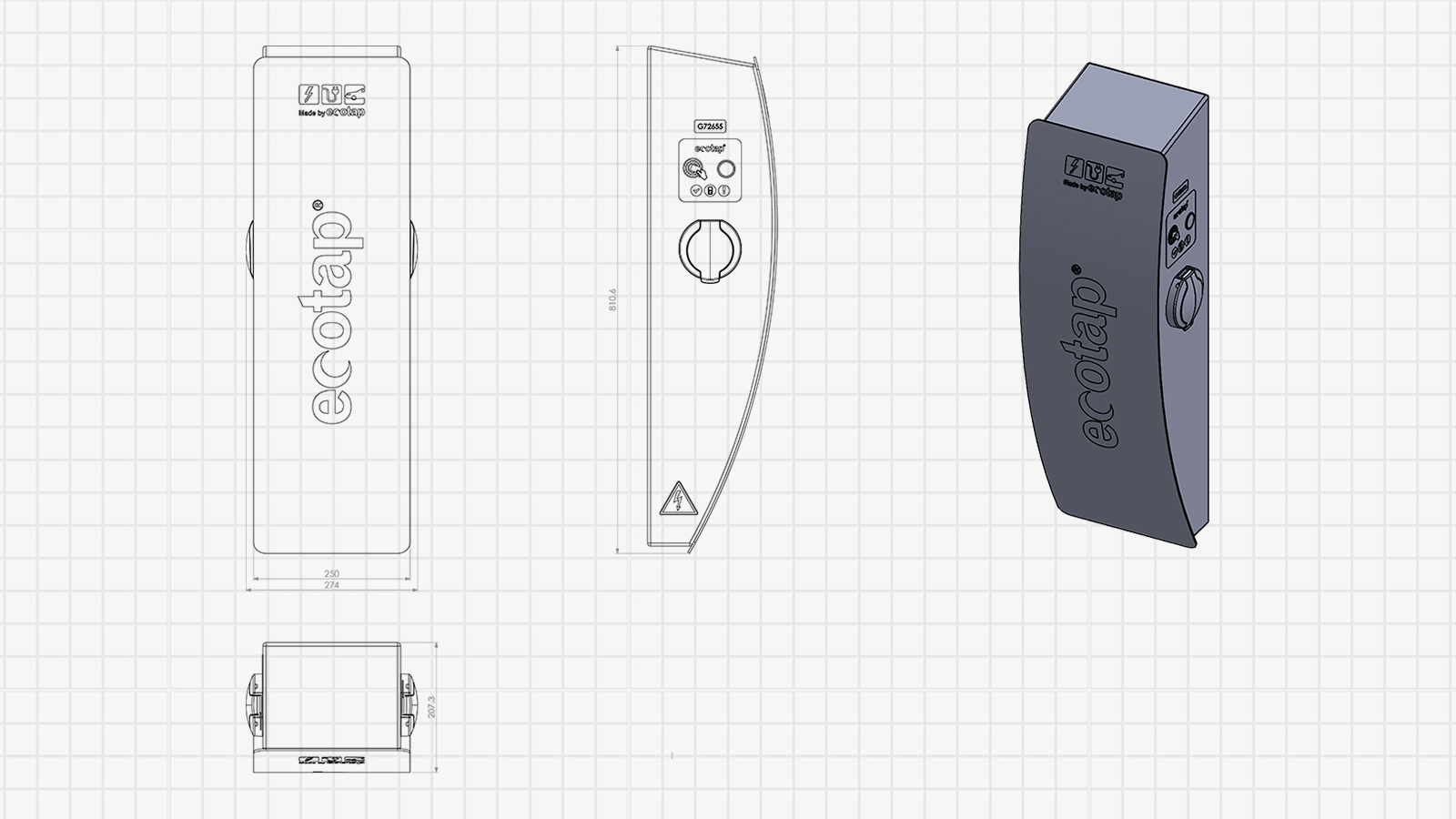 CAD ontwerp van Ecotap Duo Wallcharger voor 3D visualisatie
