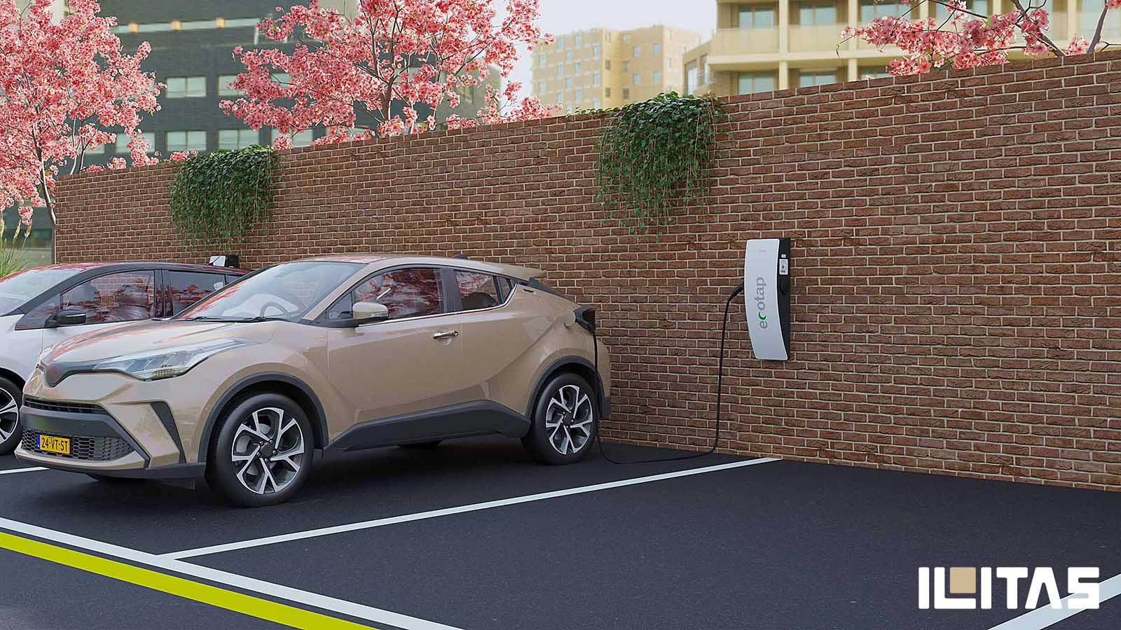 Commercieel parkeerterrein uitgerust met Ecotap DuoWallcharger Nuvia EV-laadstations langs een groen ingerichte muur.