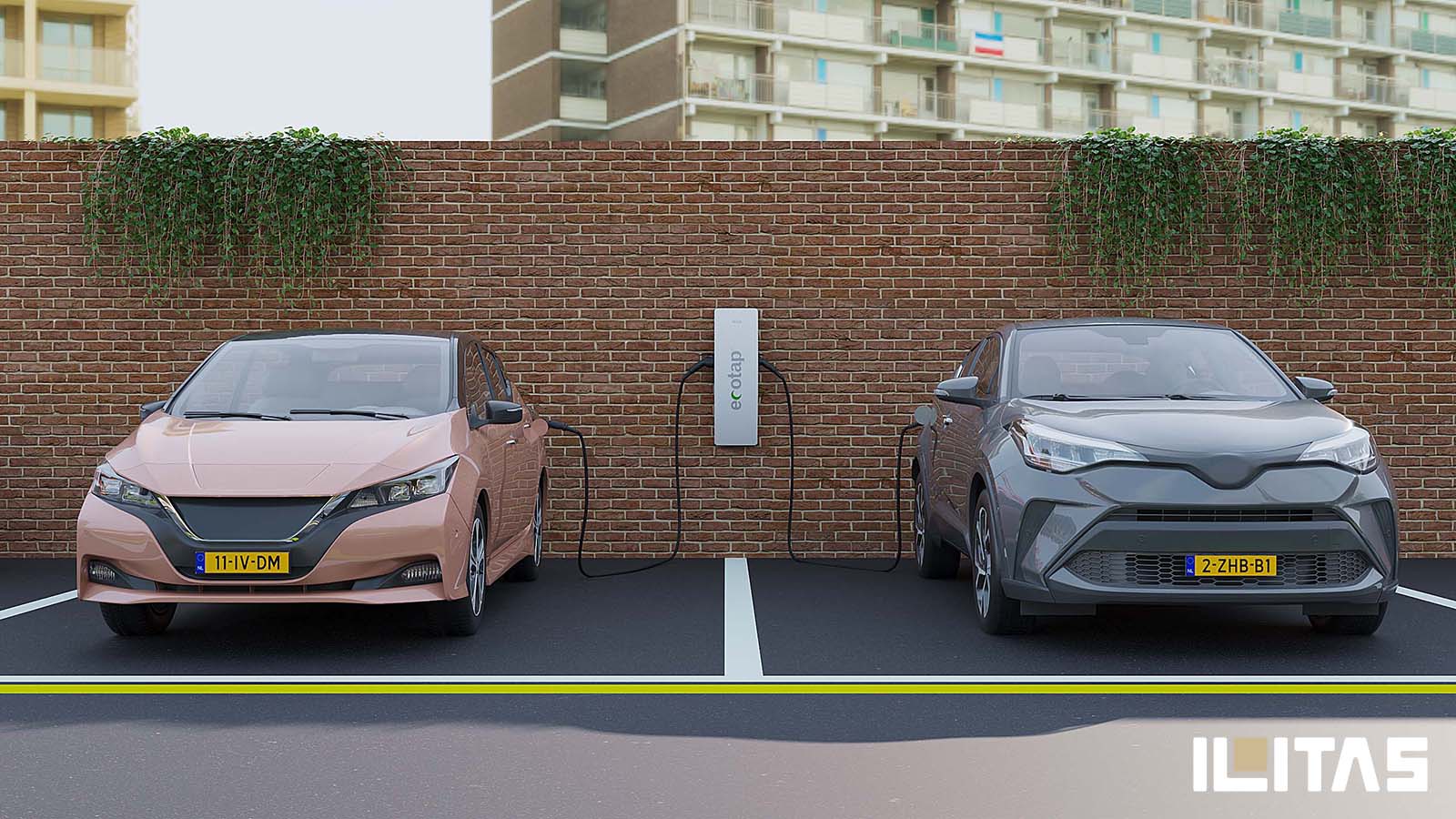 Twee elektrische voertuigen geparkeerd bij Ecotap DuoWallcharger Nuvia laadpunten binnen een moderne stedelijke ontwikkeling.