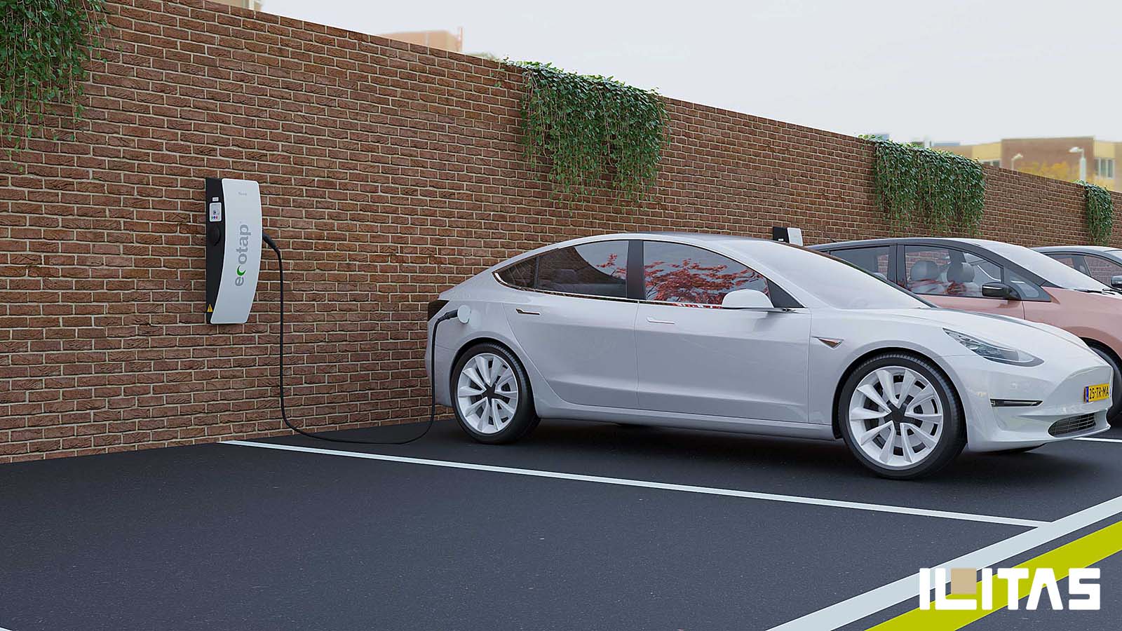 Elektrische sedan geparkeerd nabij een Ecotap DuoWallcharger Nuvia laadstation in een moderne parkeeromgeving.
