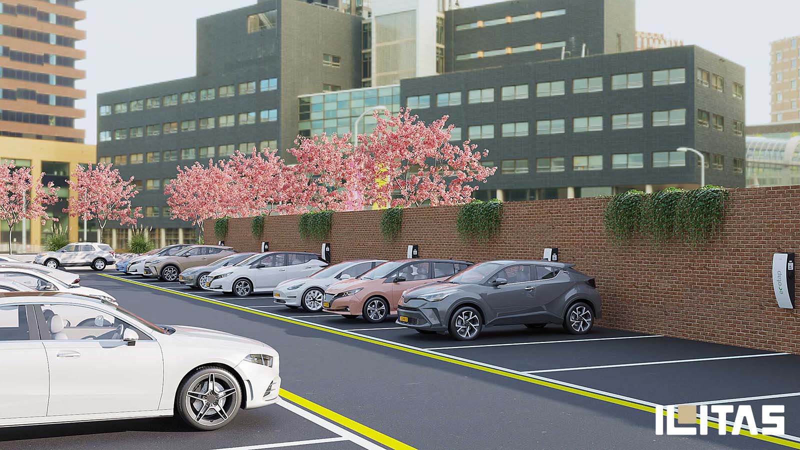 3D-visualisatie van Ecotap DuoWallcharger Nuvia EV-laadstations geïntegreerd in een stedelijk parkeerterrein.