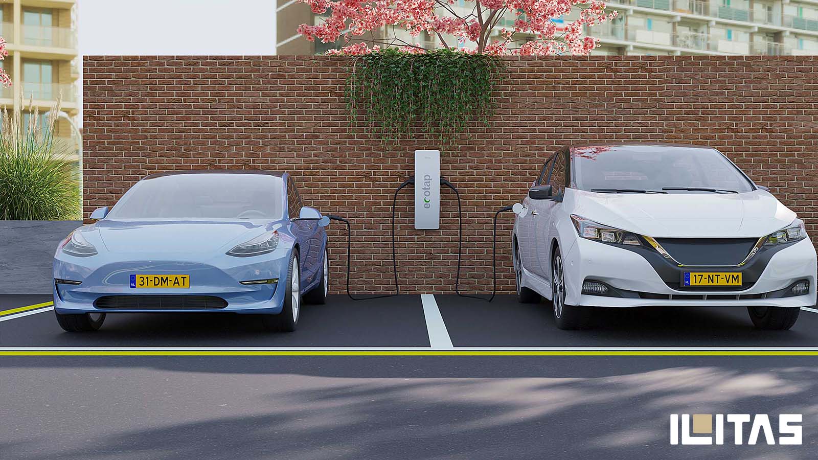Meerdere elektrische voertuigen geparkeerd naast Ecotap DuoWallcharger Nuvia laadstations.