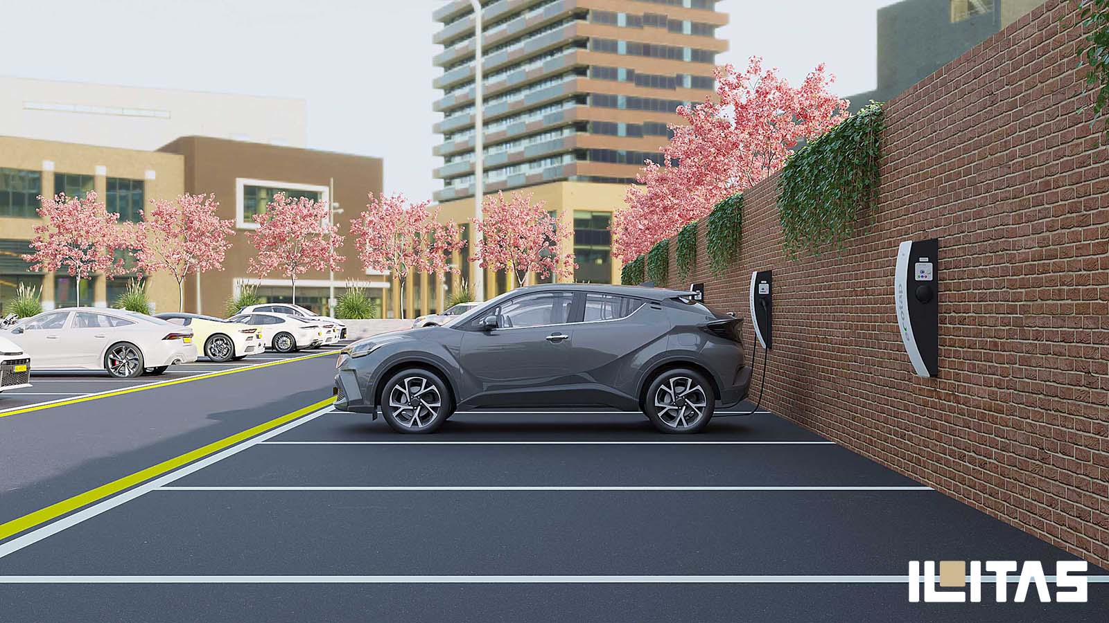 Elektrisch voertuig geparkeerd naast een Ecotap DuoWallcharger Nuvia laadstation in een moderne stedelijke omgeving.