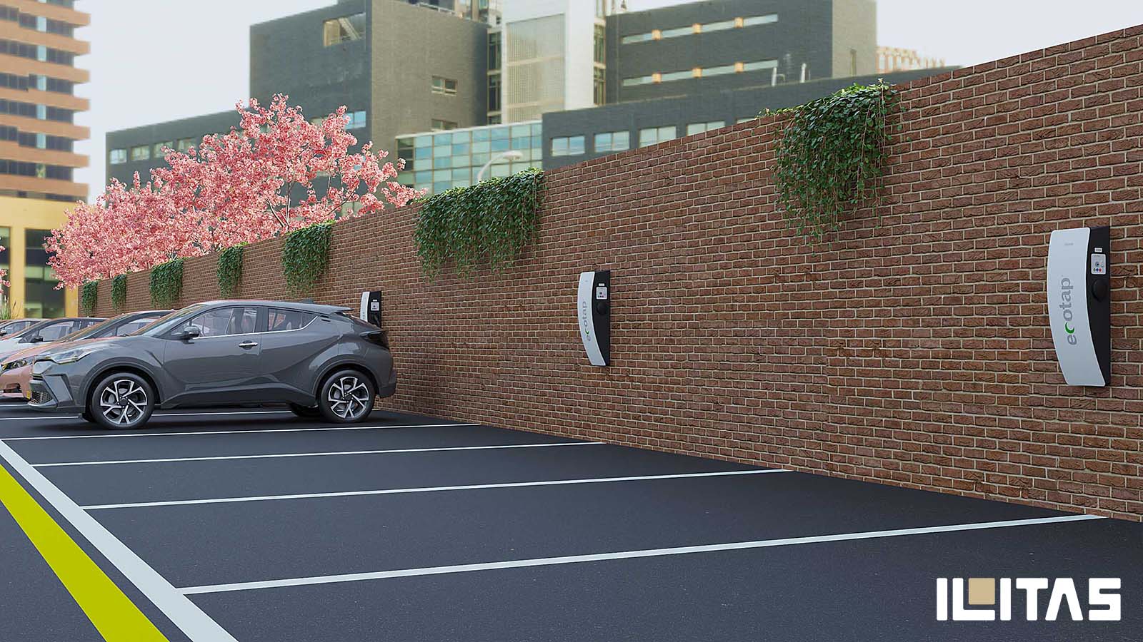 Zijaanzicht van Ecotap DuoWallcharger Nuvia wandgemonteerde EV-laadstations langs een bakstenen muur.