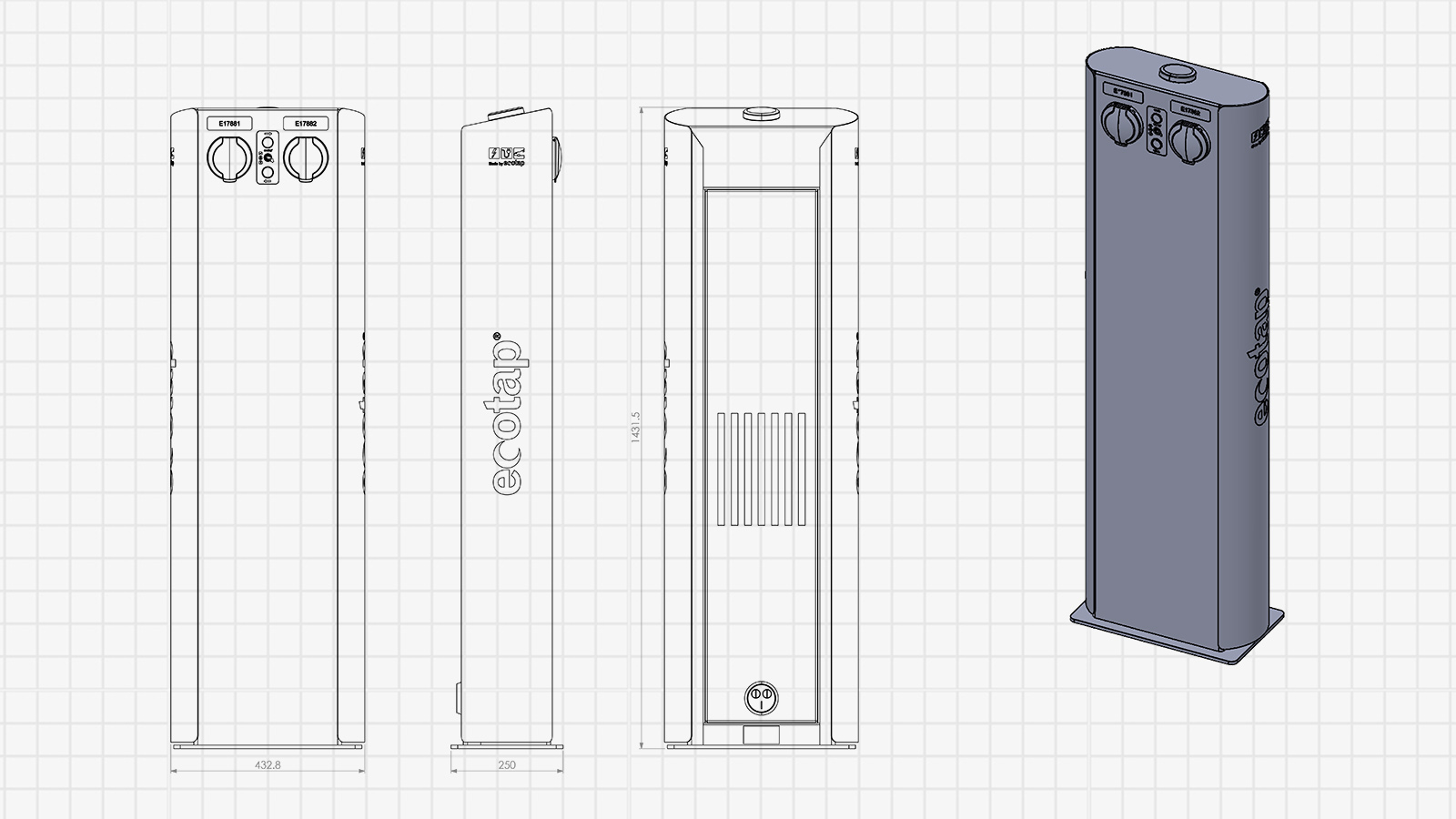 3D CAD ontwerp van Ecotap DuoWide dubbele EV laadpaal