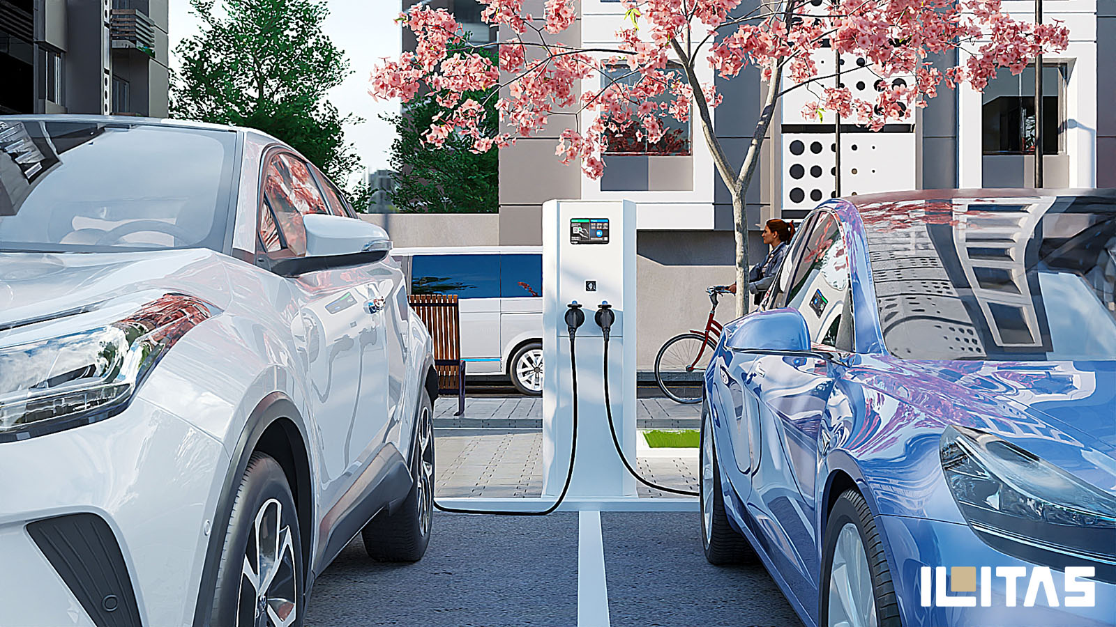 Ecotap DuoWide Nuvia EV laadpaal op parkeerplaats met elektrische auto's