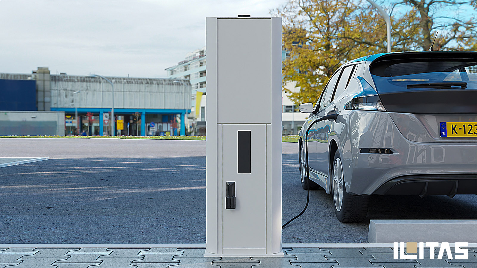 Achterzijde van Ecotap DuoWide Nuvia laadpaal op parkeerlocatie