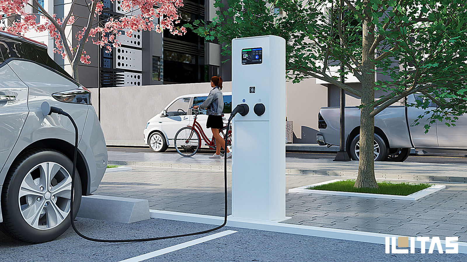 Ecotap DuoWide Nuvia laadpaal geplaatst in stedelijke parkeeromgeving