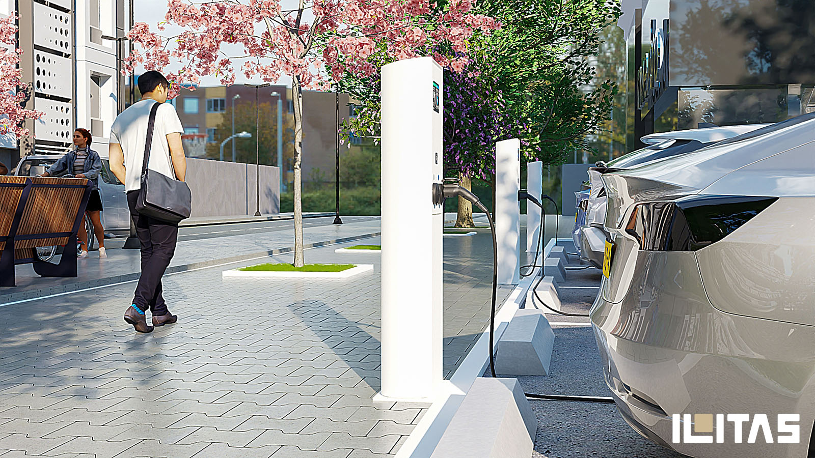 Openbare Ecotap DuoWide Nuvia laadpaal in stedelijke omgeving