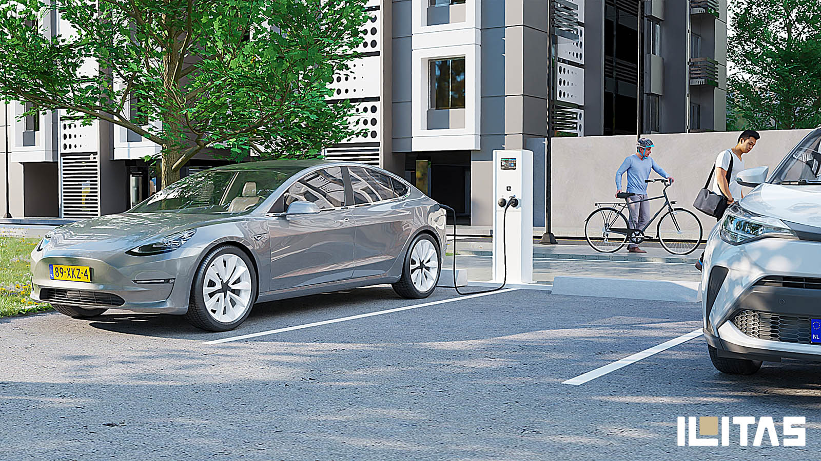 Parkeerplaats met Ecotap DuoWide Nuvia laadpalen voor elektrische auto's