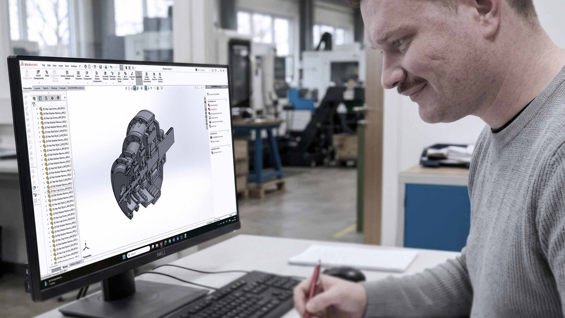 Werkplek met laptop en scherm met mechanisch CAD-model in technische omgeving