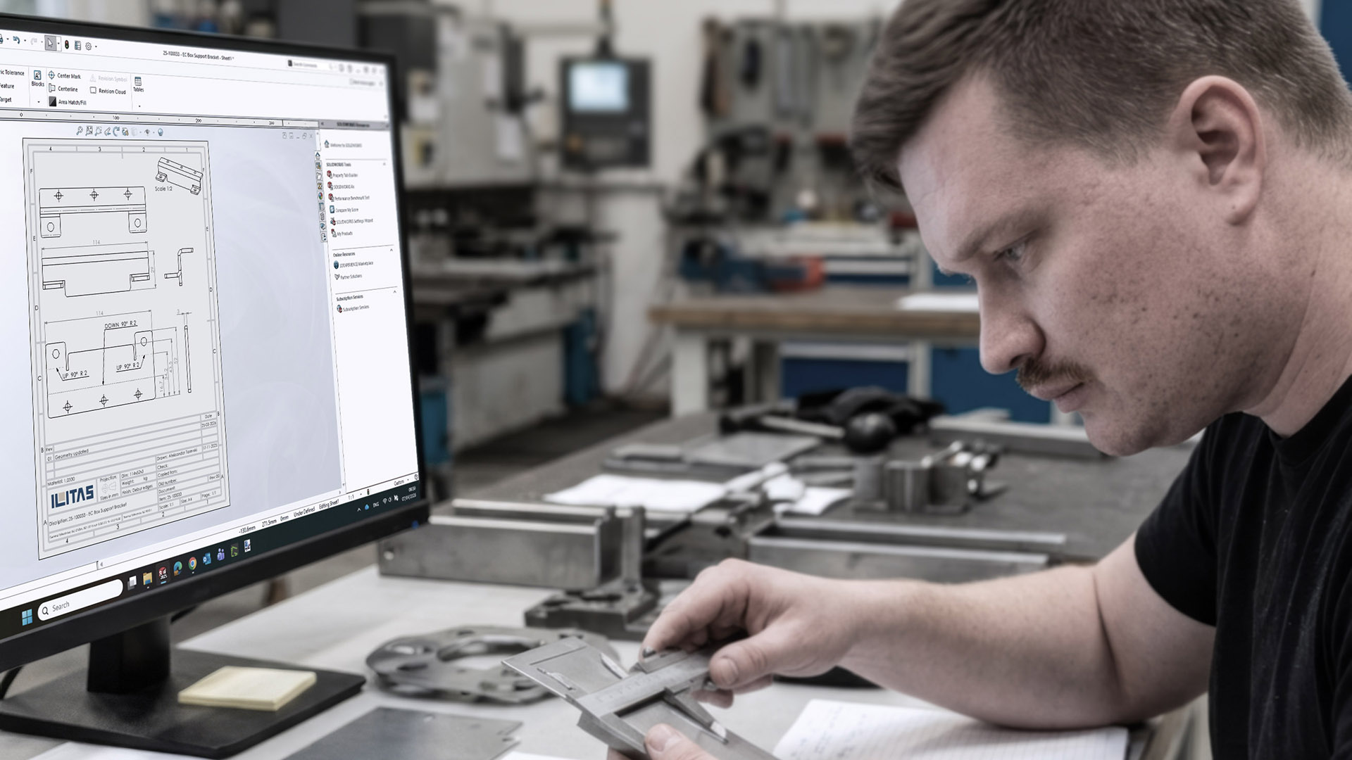 Engineer van ILITAS beoordeelt een metalen precisieonderdeel in technische werkomgeving