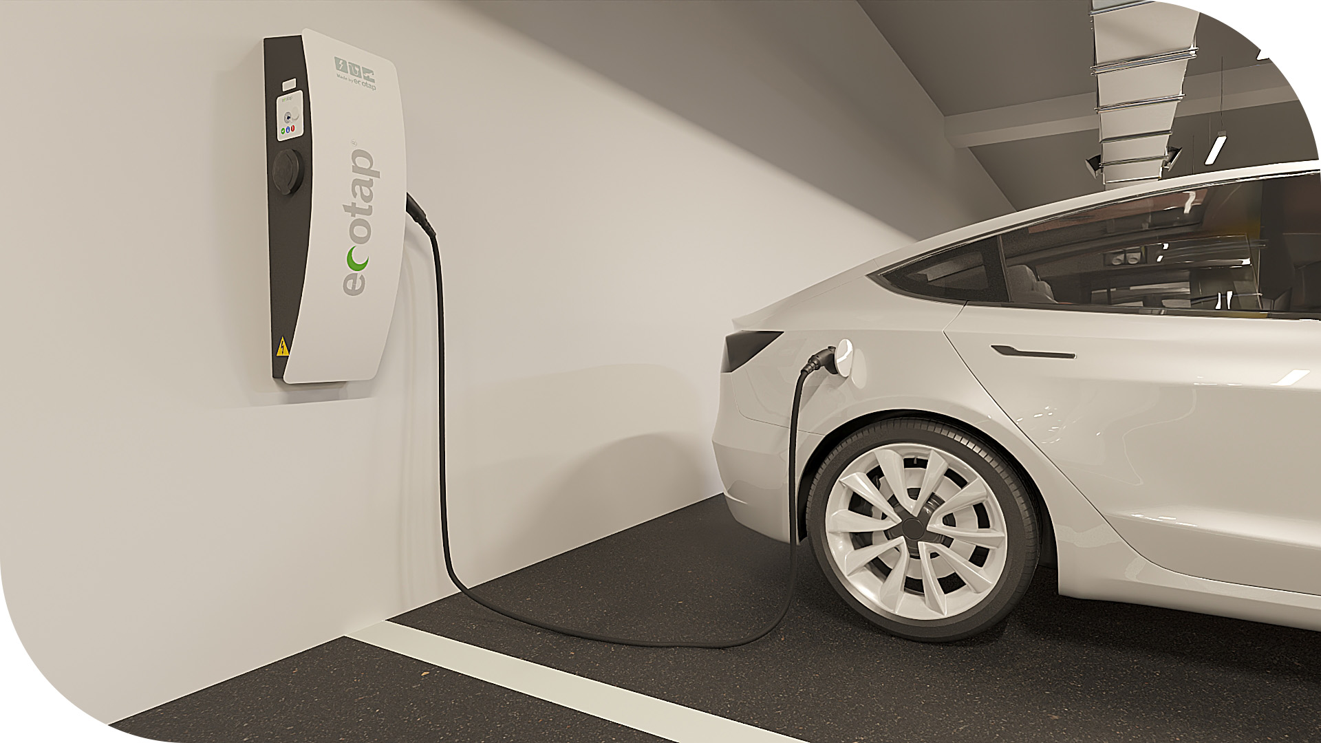 3D visualisatie van Ecotap wandlader die elektrische auto oplaadt in garageomgeving
