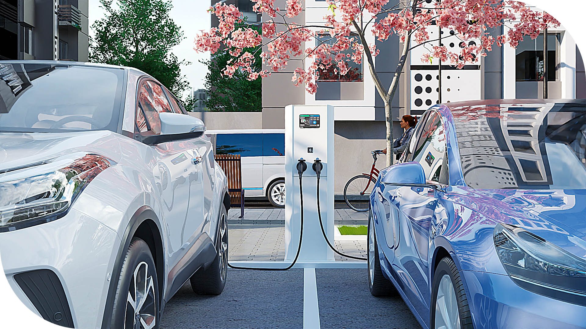 3D render van EV laadpaal DuoWide Nuvia van Ecotap tussen twee elektrische auto’s in stedelijke omgeving