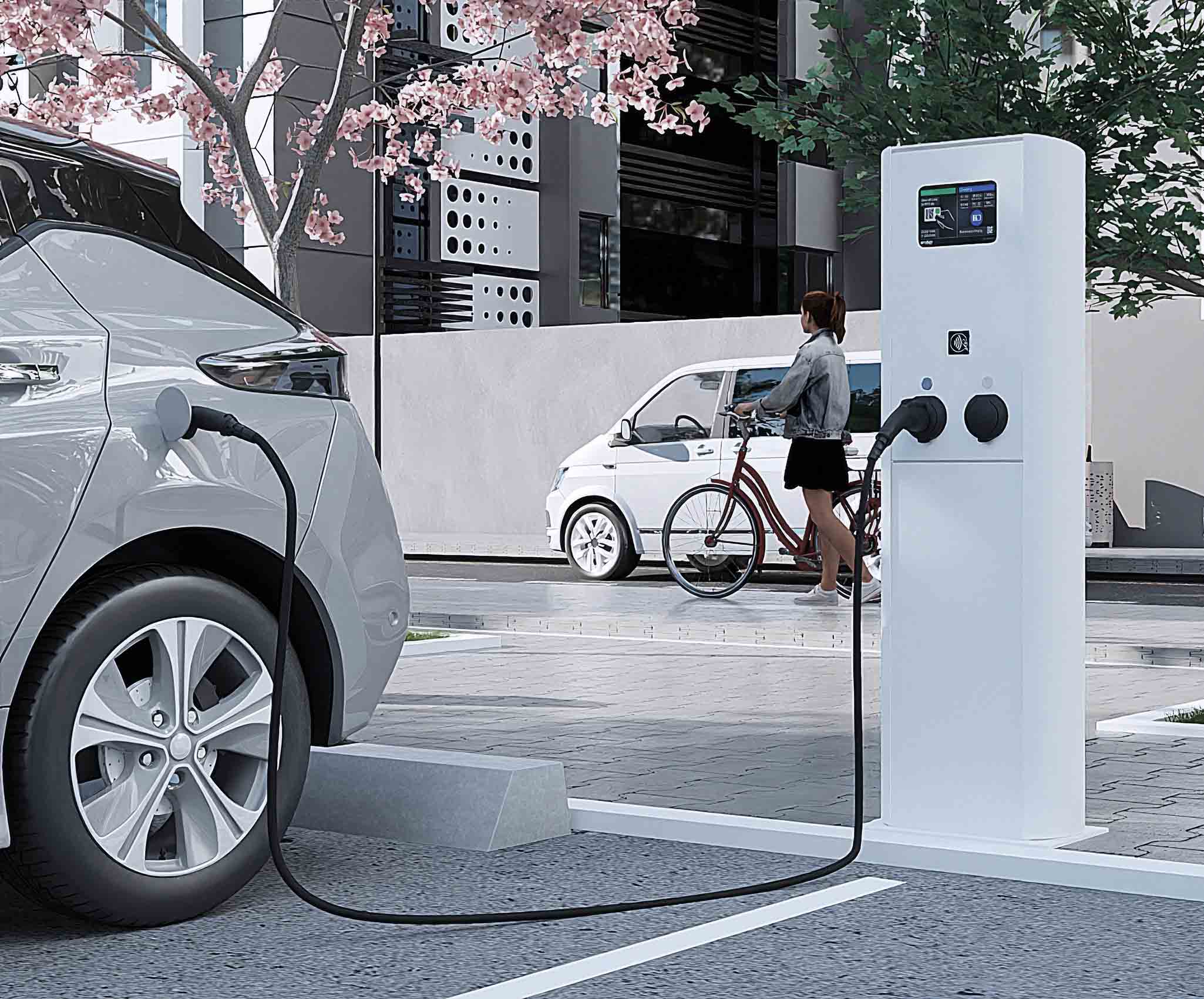 Fotorealistische visualisatie van een EV-laadoplossing in een stedelijke omgeving