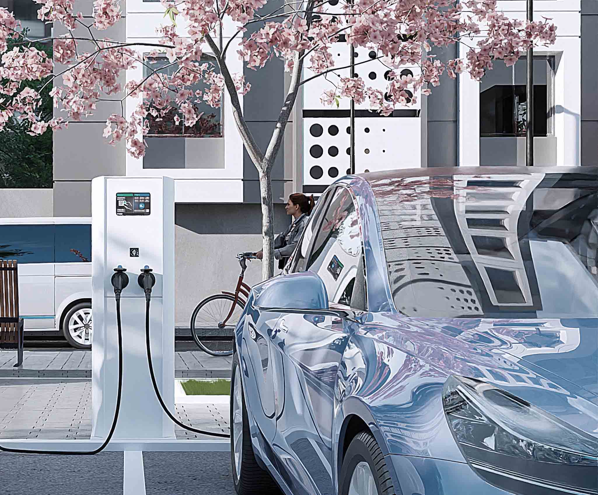 Visualisatie van een EV-lader naast een blauwe auto in stedelijke omgeving