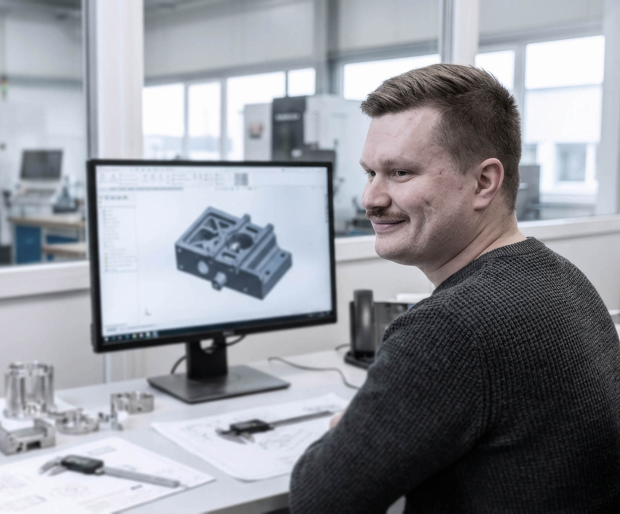 Engineer van ILITAS aan bureau met CAD-model en technische onderdelen