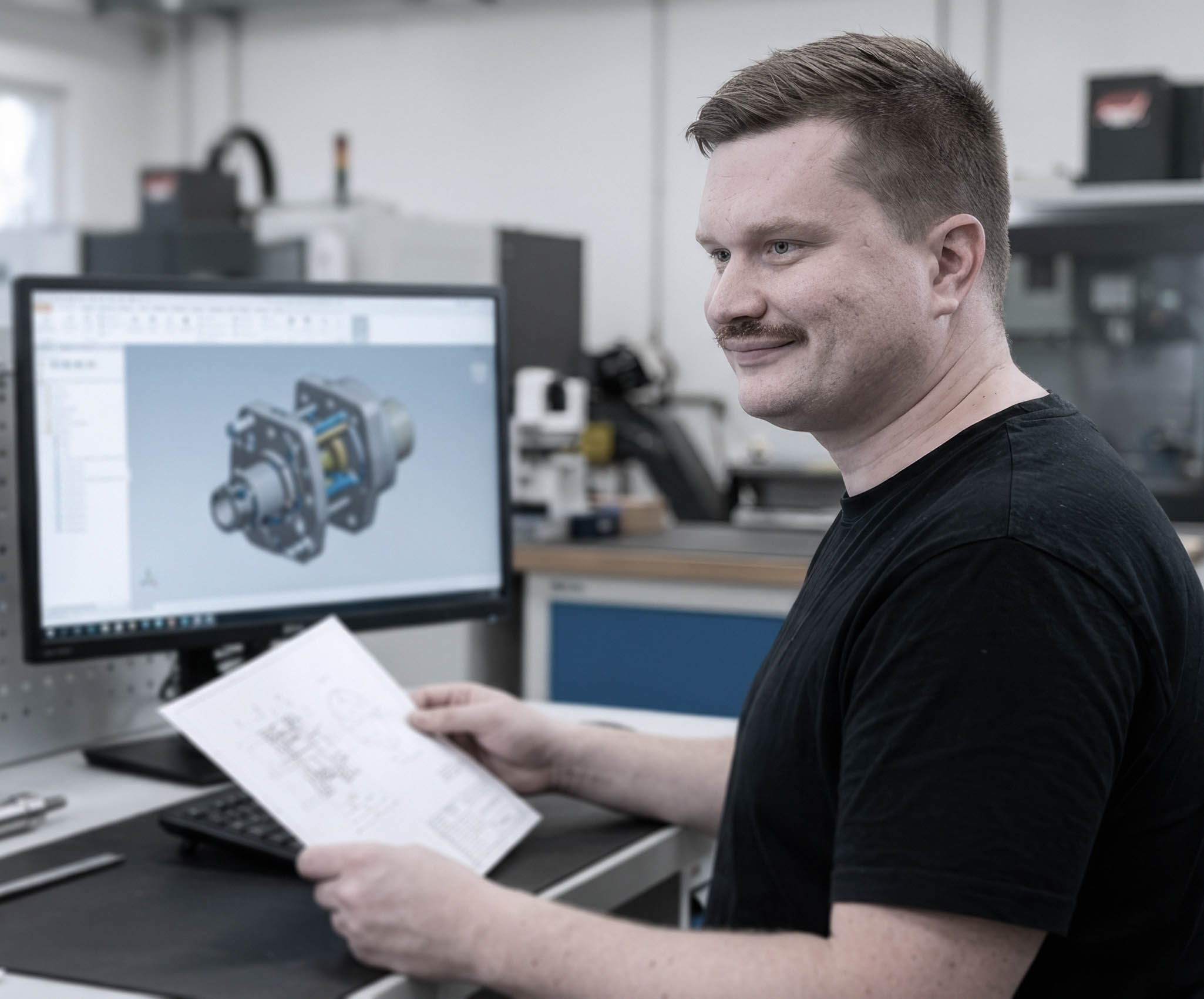 Engineer van ILITAS bekijkt technische documentatie naast een CAD-model