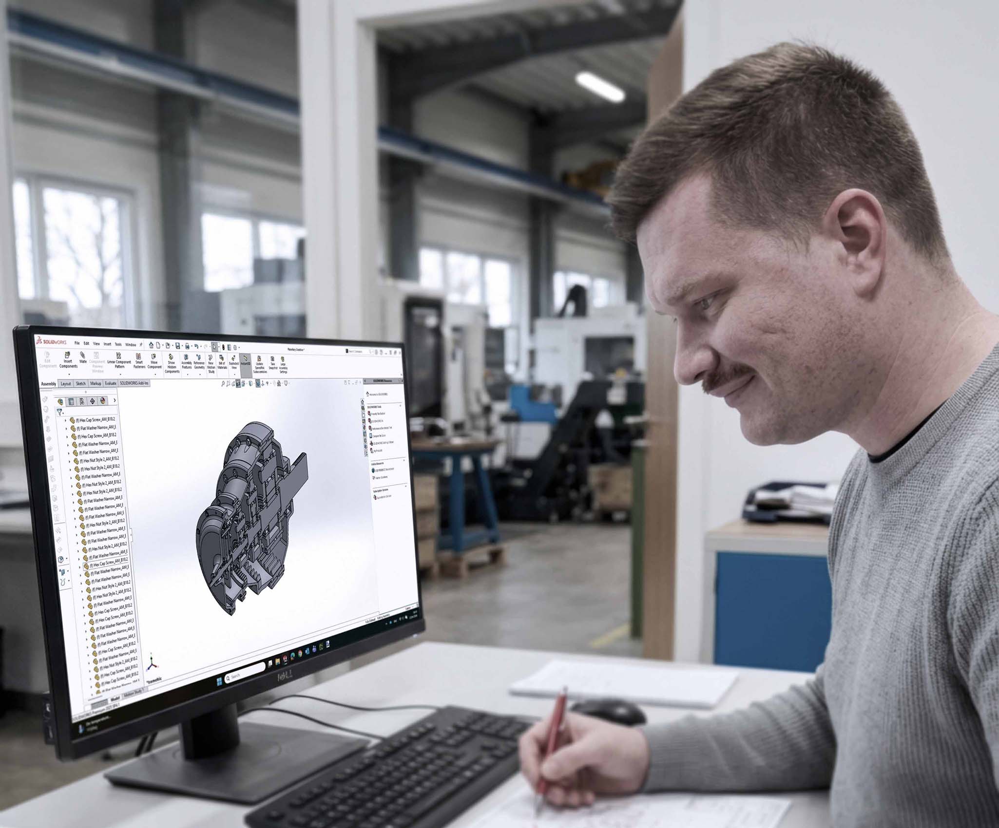 Engineer van ILITAS in productieomgeving met scherm, onderdelen en werkvloer op achtergrond