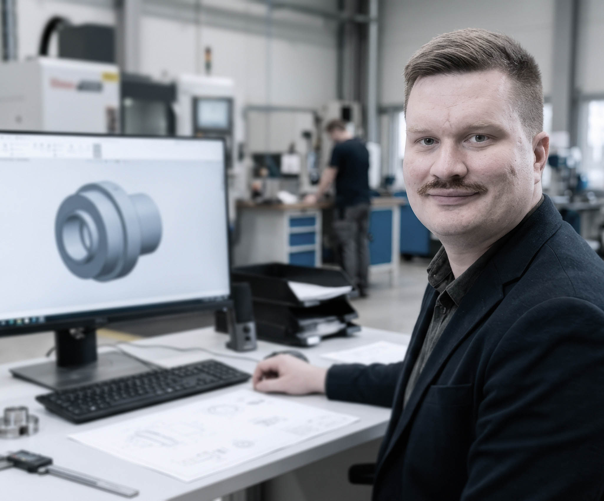 Engineer van ILITAS aan werkplek met CAD-scherm en mechanische onderdelen