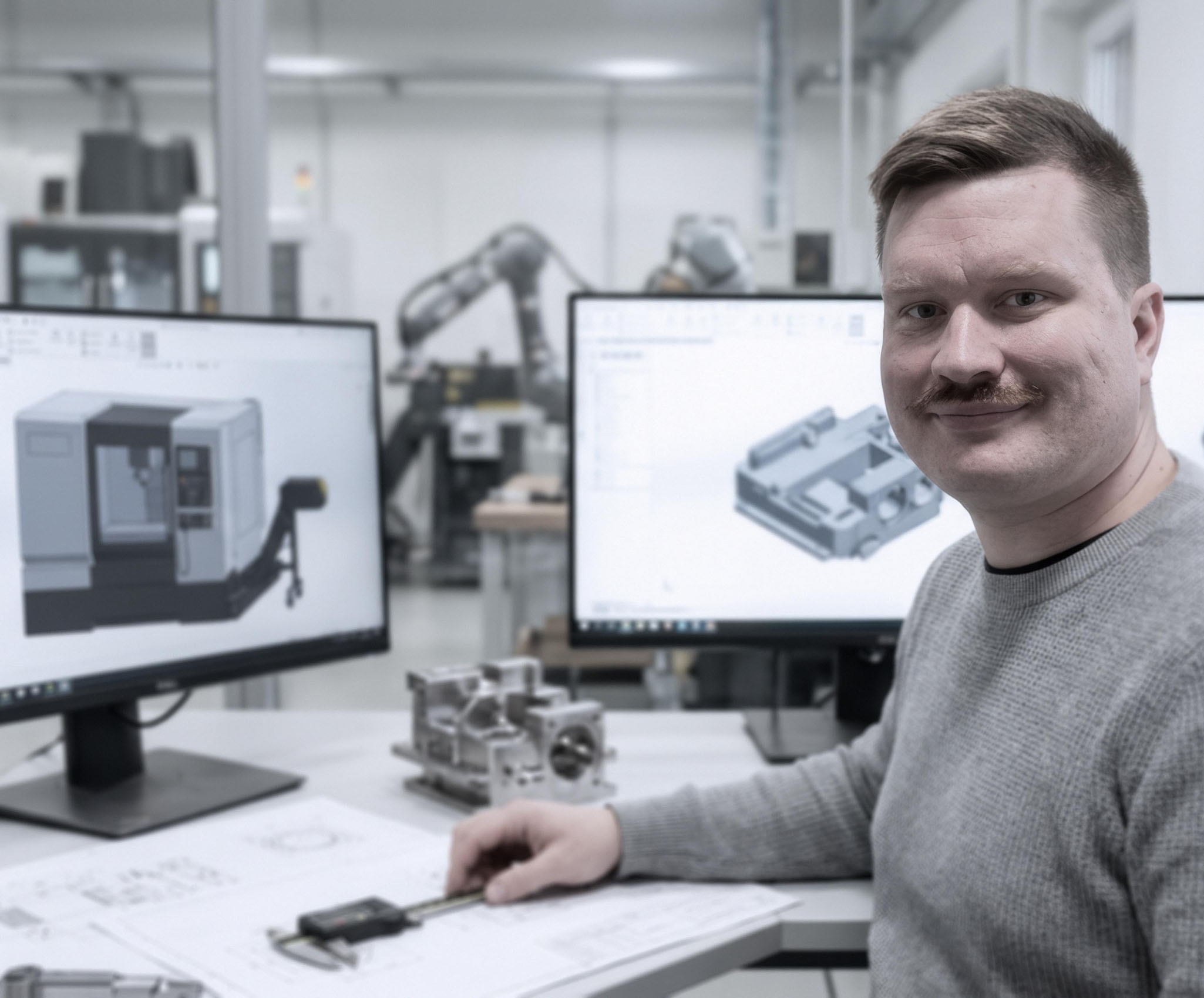 Engineer van ILITAS aan bureau met CAD-model, tekeningen en onderdelen