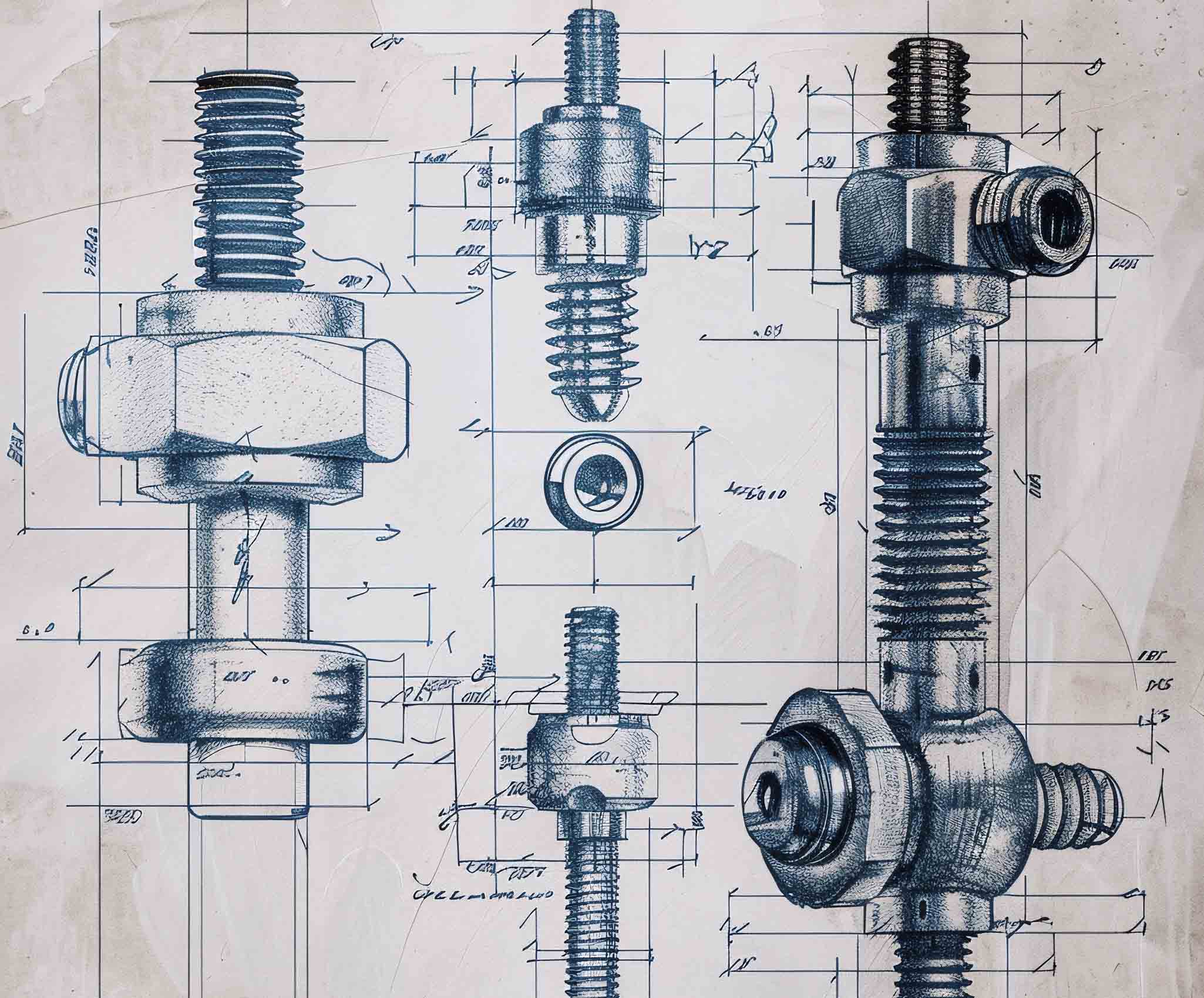 Technische blauwdruk van mechanische componenten met schroefdraad en aansluitdetails