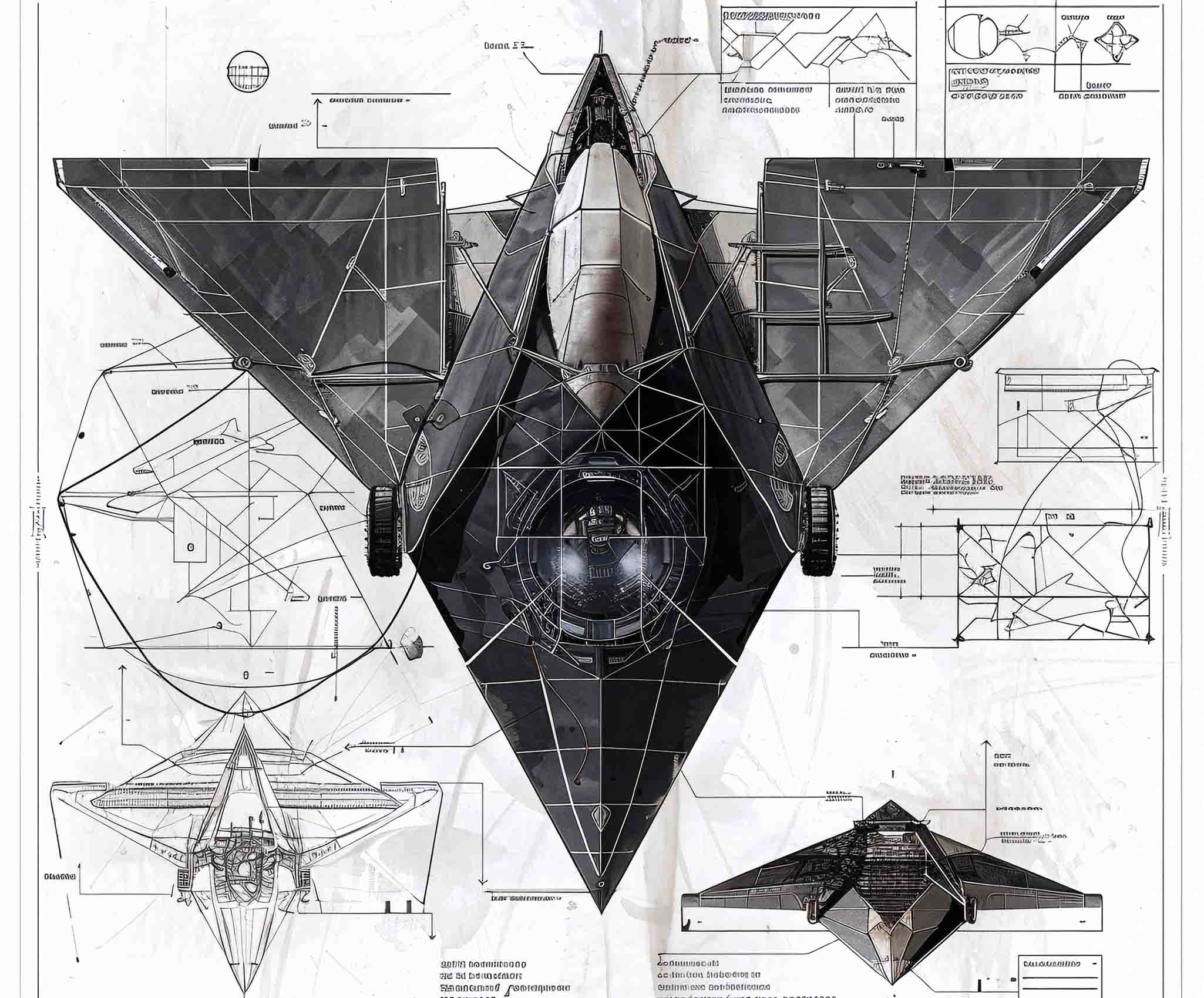 Technische visualisatie van een futuristisch voertuig met blueprint-details en meerdere aanzichten