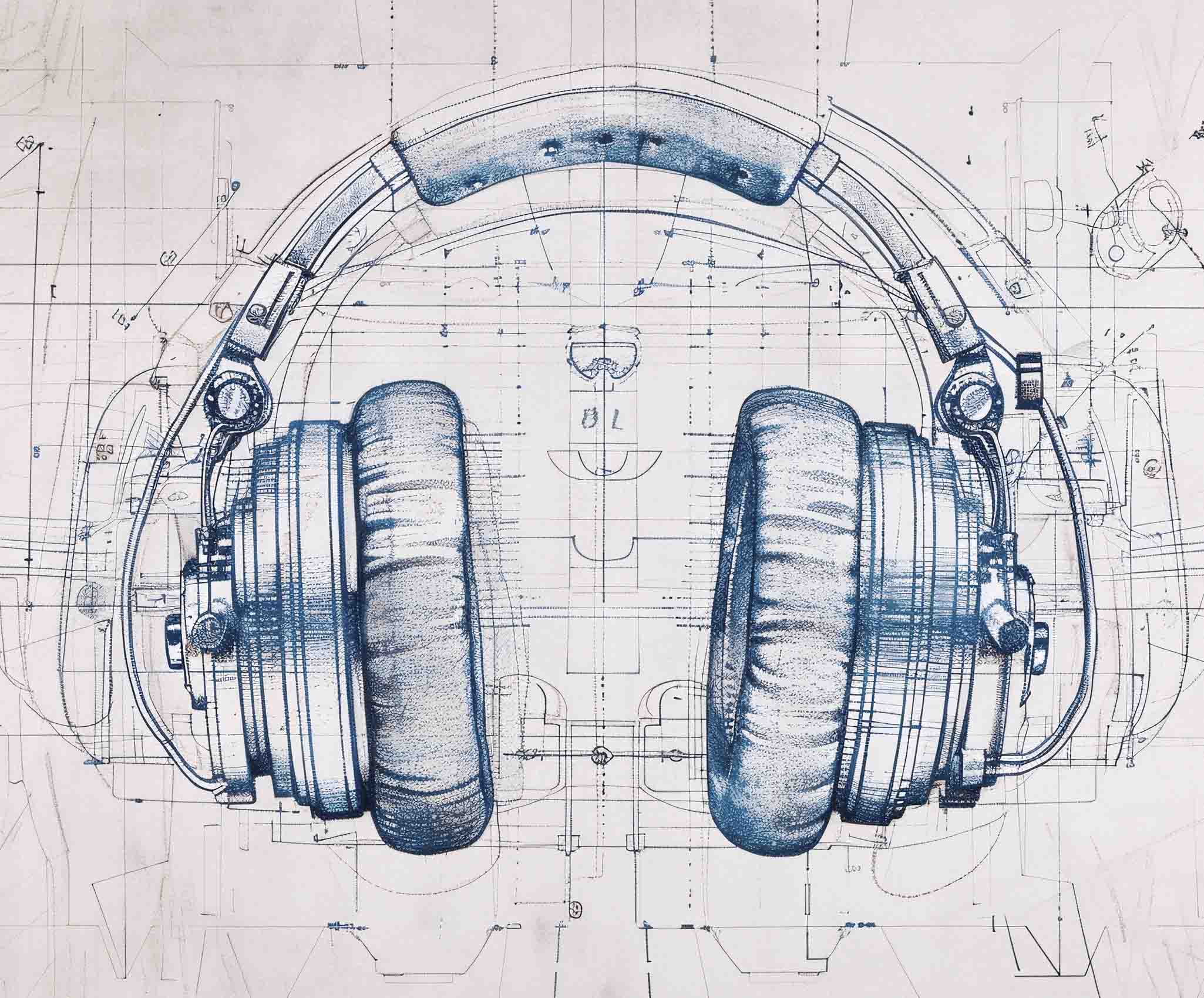 Technische schets van een koptelefoon met maatvoering en ontwerpdetails