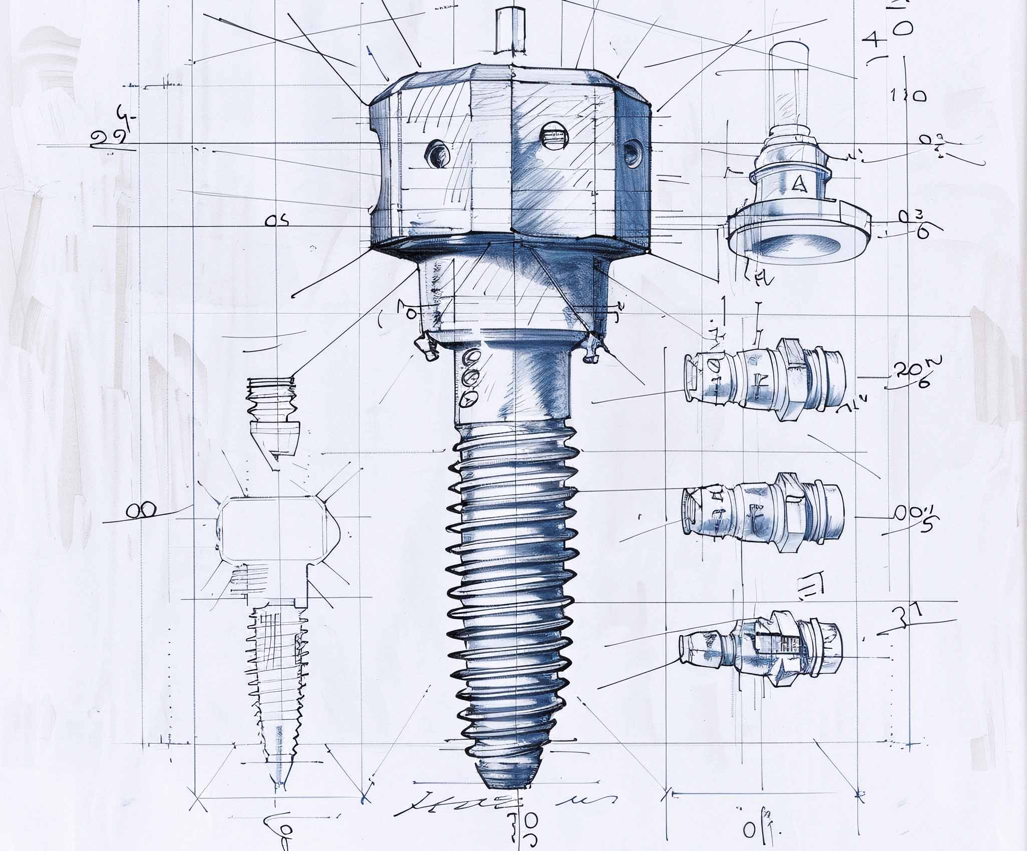 Technische productschets van een schroefvormig mechanisch onderdeel met maatvoering