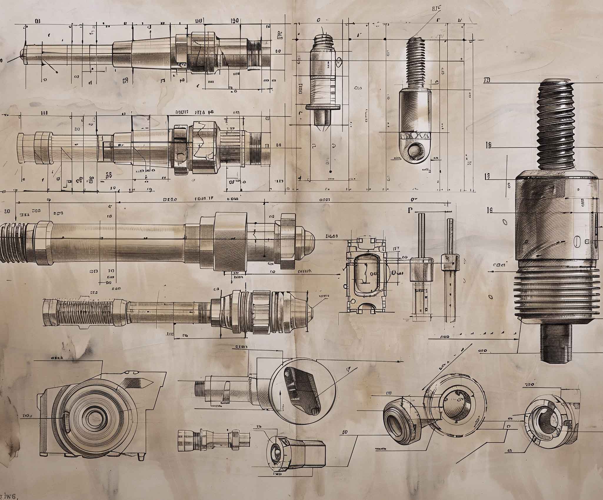 Technische tekening van meerdere mechanische componenten met maatvoering en detailaanzichten