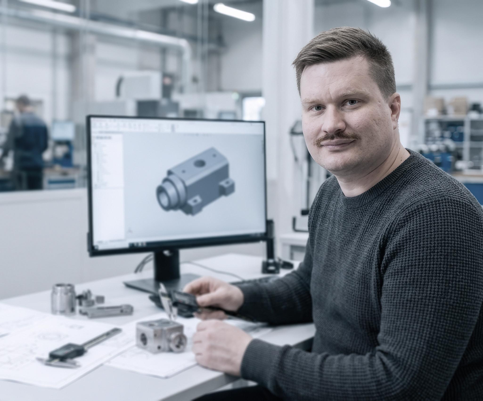 Engineer van ILITAS werkt met CAD-model en precisieonderdelen aan bureau