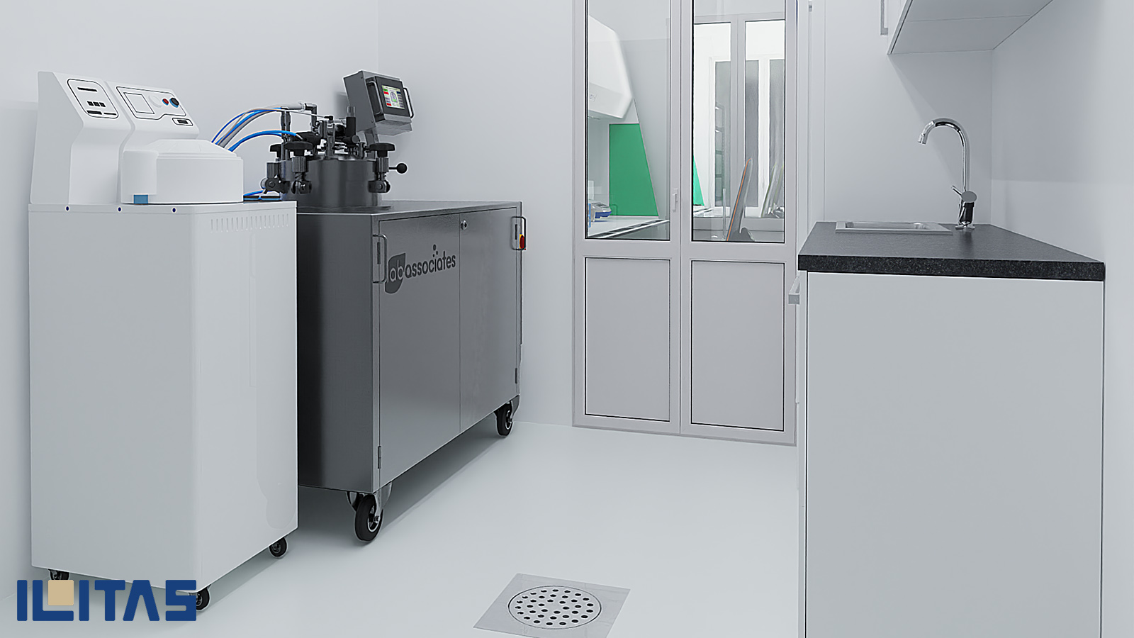 Industriële apparatuur naast laboratoriumruimte in cleanroom