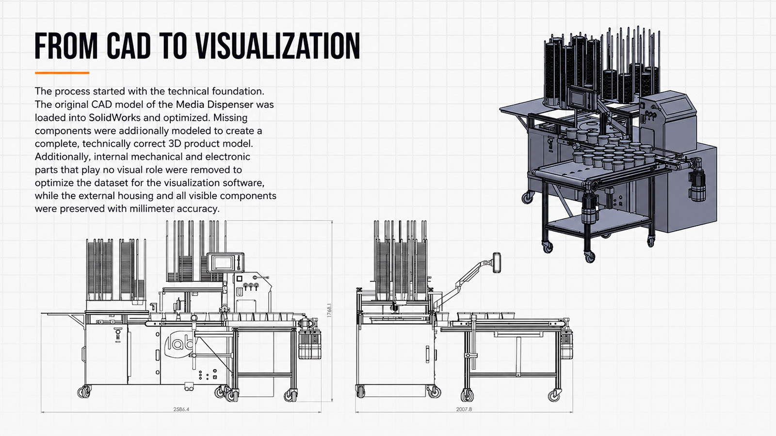 Technische 3D-optimalisatie van de media dispenser voor efficiënte rendering en visualisatie.