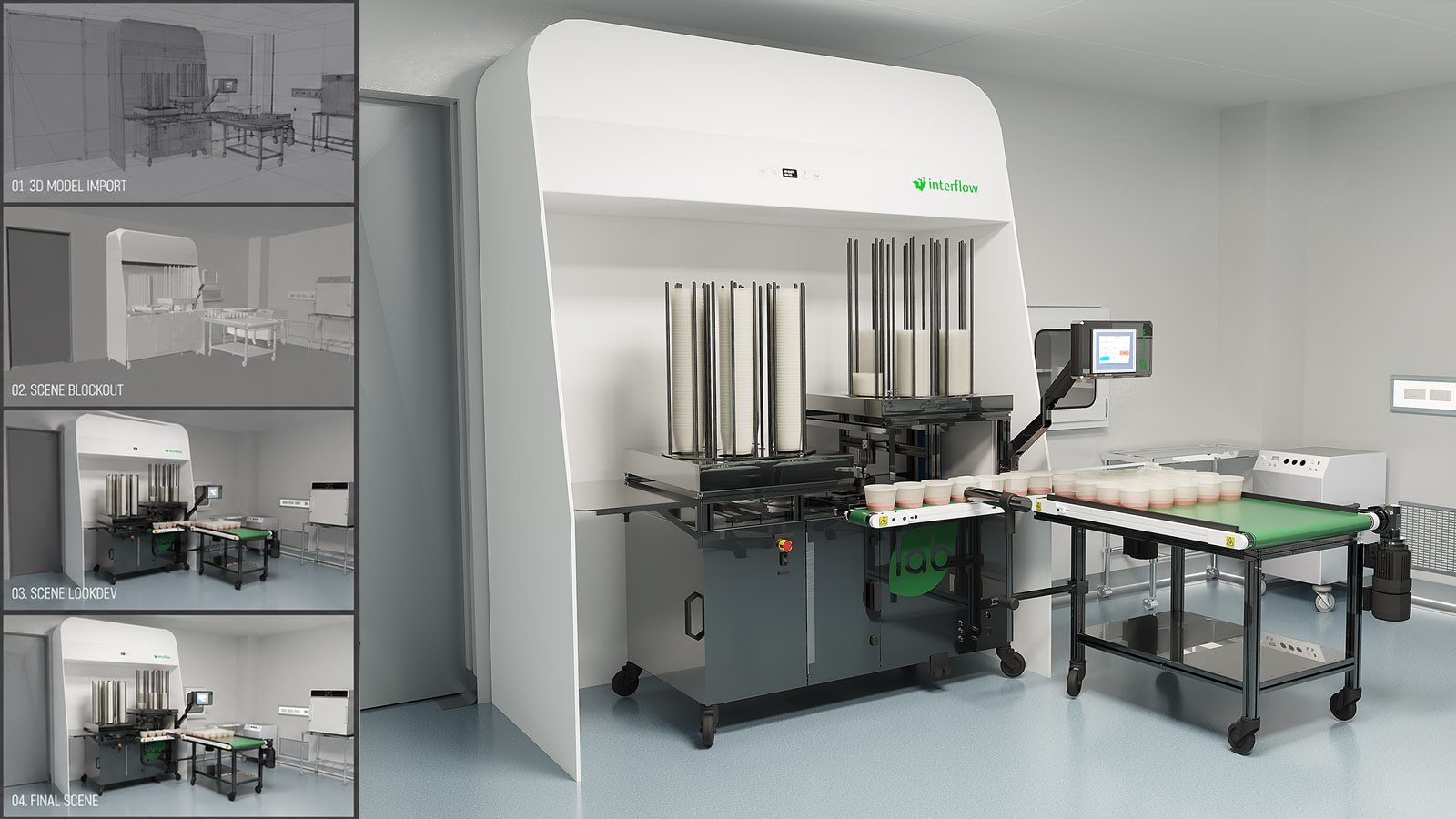Overzicht van de scene-opbouw en toegepaste materialen voor de 3D-visualisatie van de media dispenser.