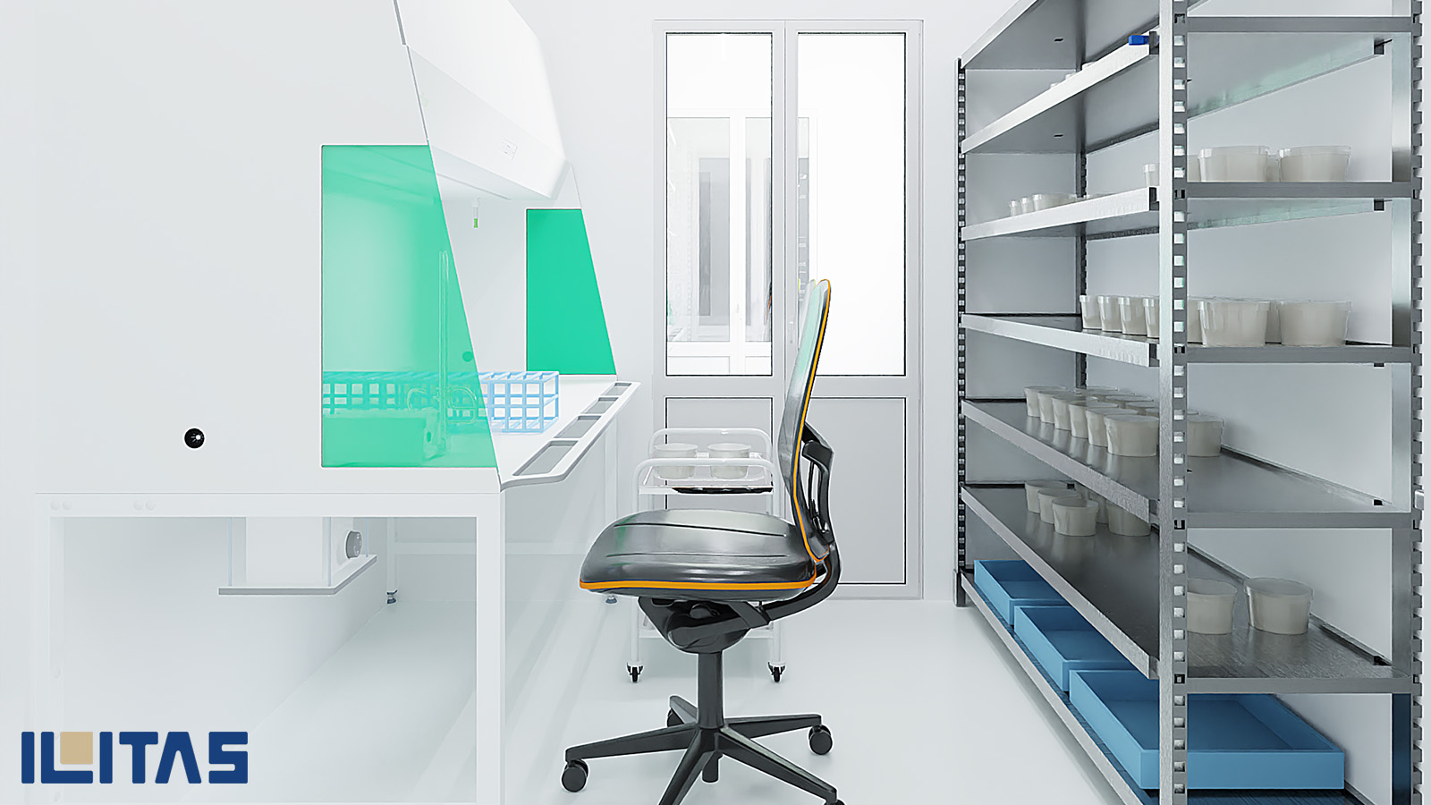 Moderne cleanroom werkplek met ergonomische laboratoriumstoel en steriele werkomgeving