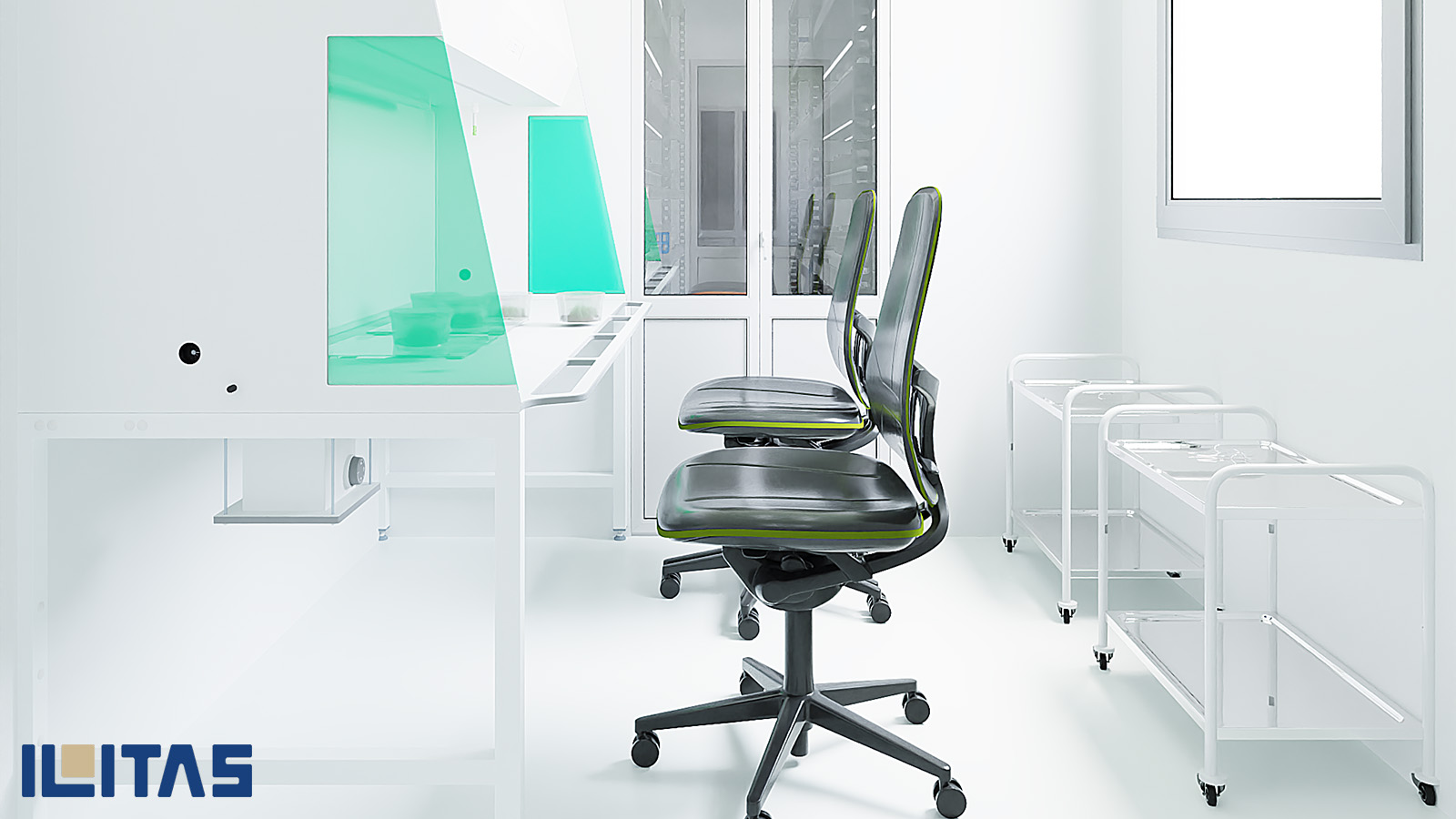 Ergonomische cleanroomstoel in steriele laboratoriumomgeving
