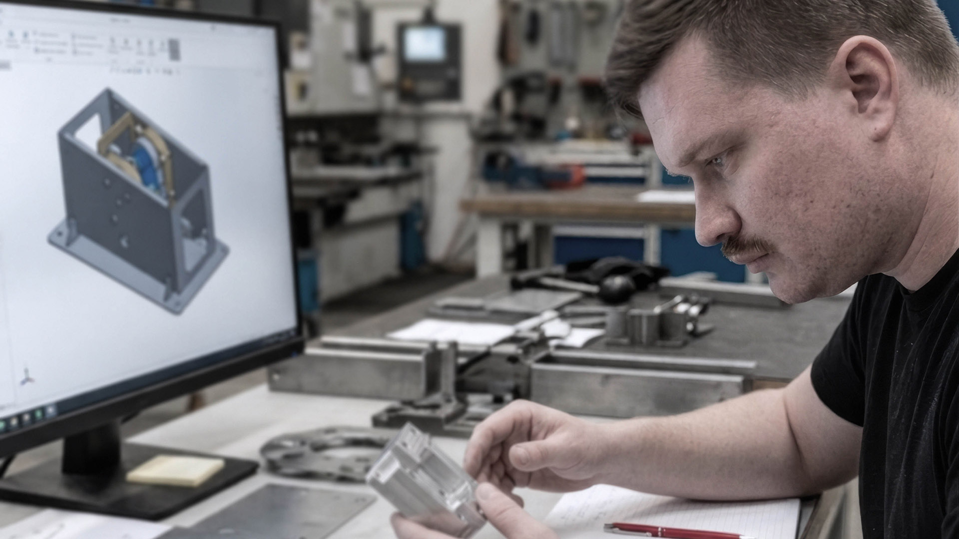 Engineer van ILITAS inspecteert een metalen onderdeel naast CAD-model en technische tekening