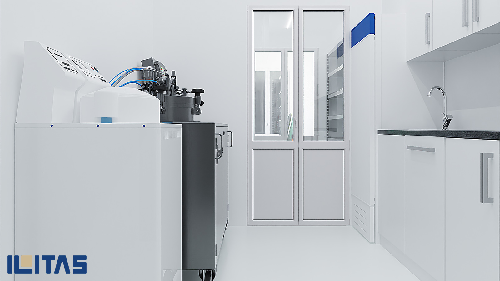 Cleanroom met industriële machine en werkblad