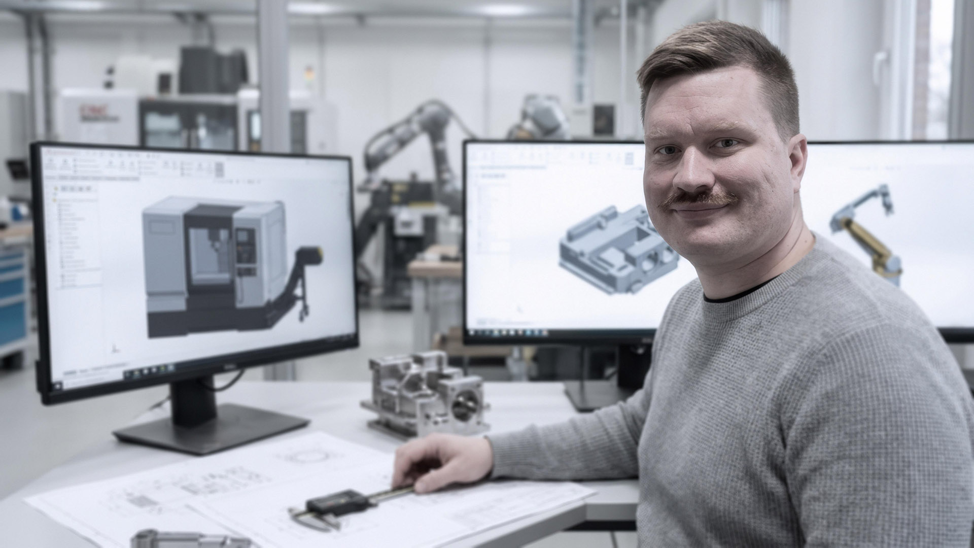 Engineer van ILITAS aan werkplek met CAD-model, tekeningen en precisieonderdelen