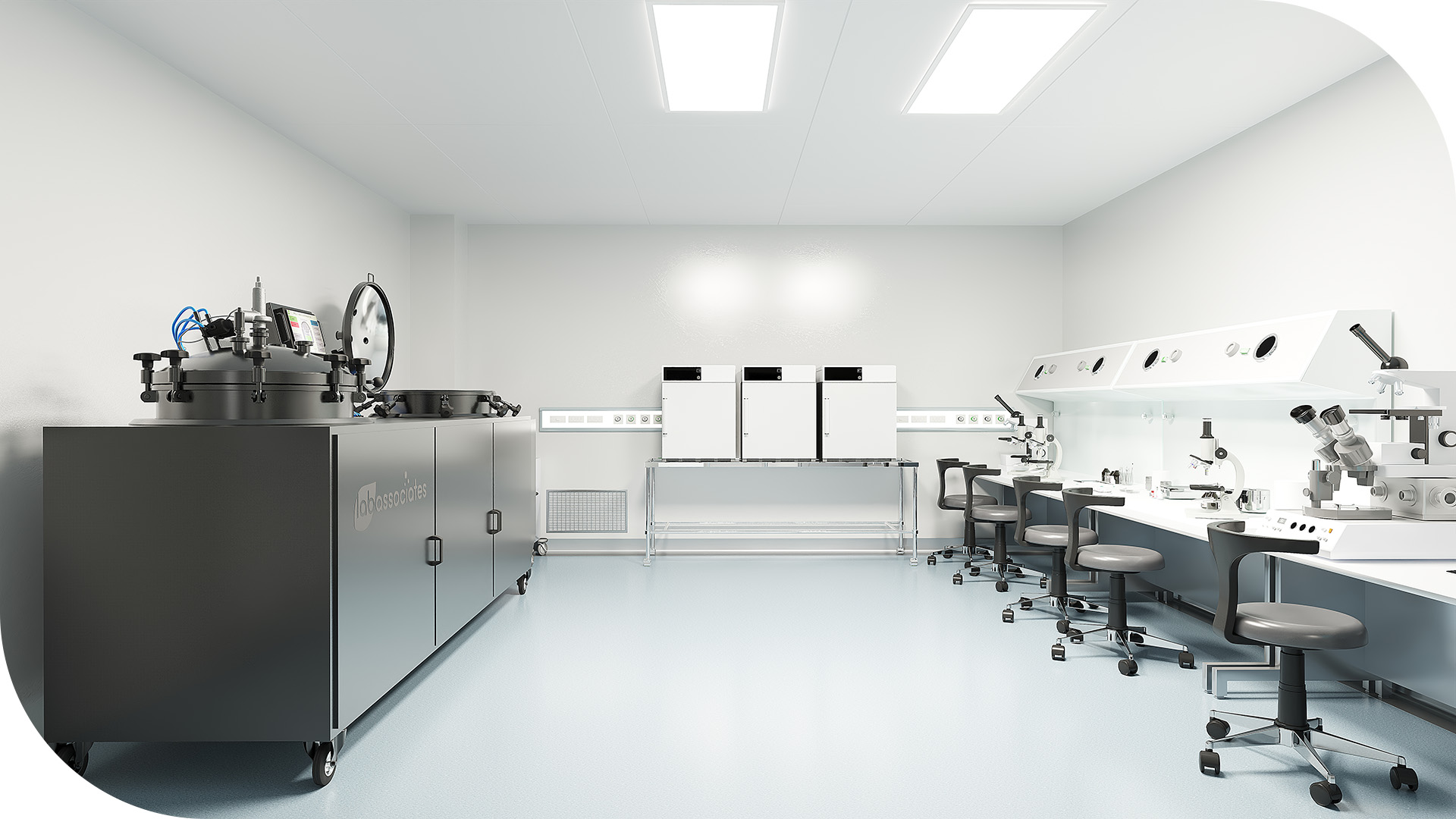 fotorealistische 3D visualisatie van Media Preparator systeem van Lab Associates in laboratoriumomgeving