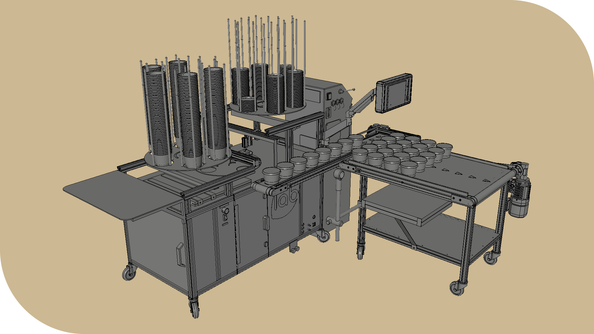 3D CAD model van media sorteermachine met transportband en containerhandling systeem