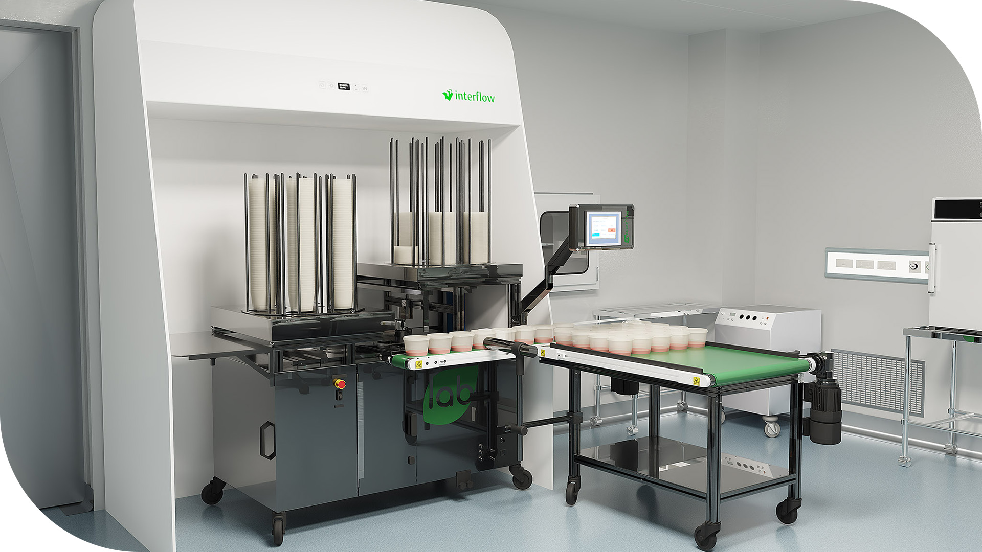 3D render van geautomatiseerde media sorteermachine met transportsysteem en containerverwerking voor labproductie